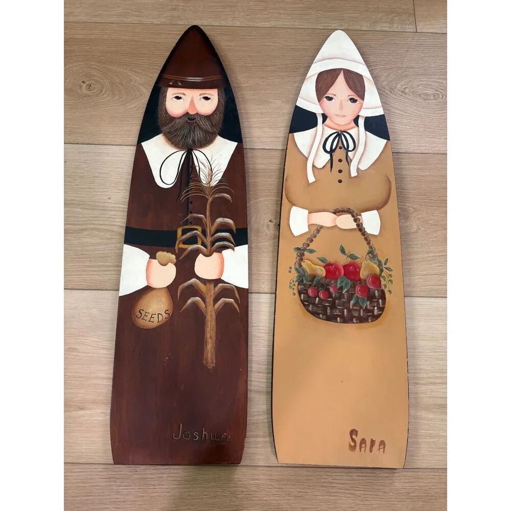 Pilgrim Wooden Wall Plaques Pair Thanksgiving Fall Decor Joshua & Sara 26x15